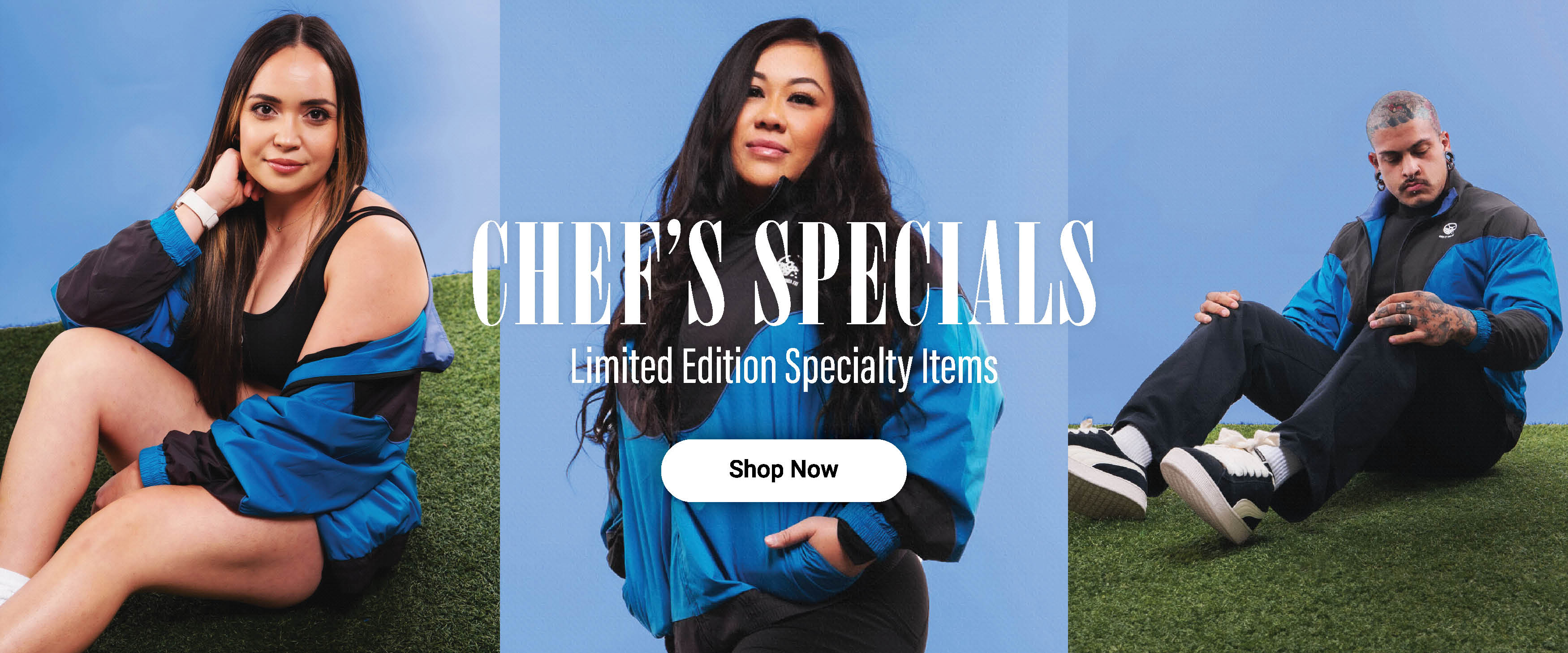 chef specials available in a track jacket, dog hoodie, coach's jacket, seaweed inspired designs, and anorak - shop now