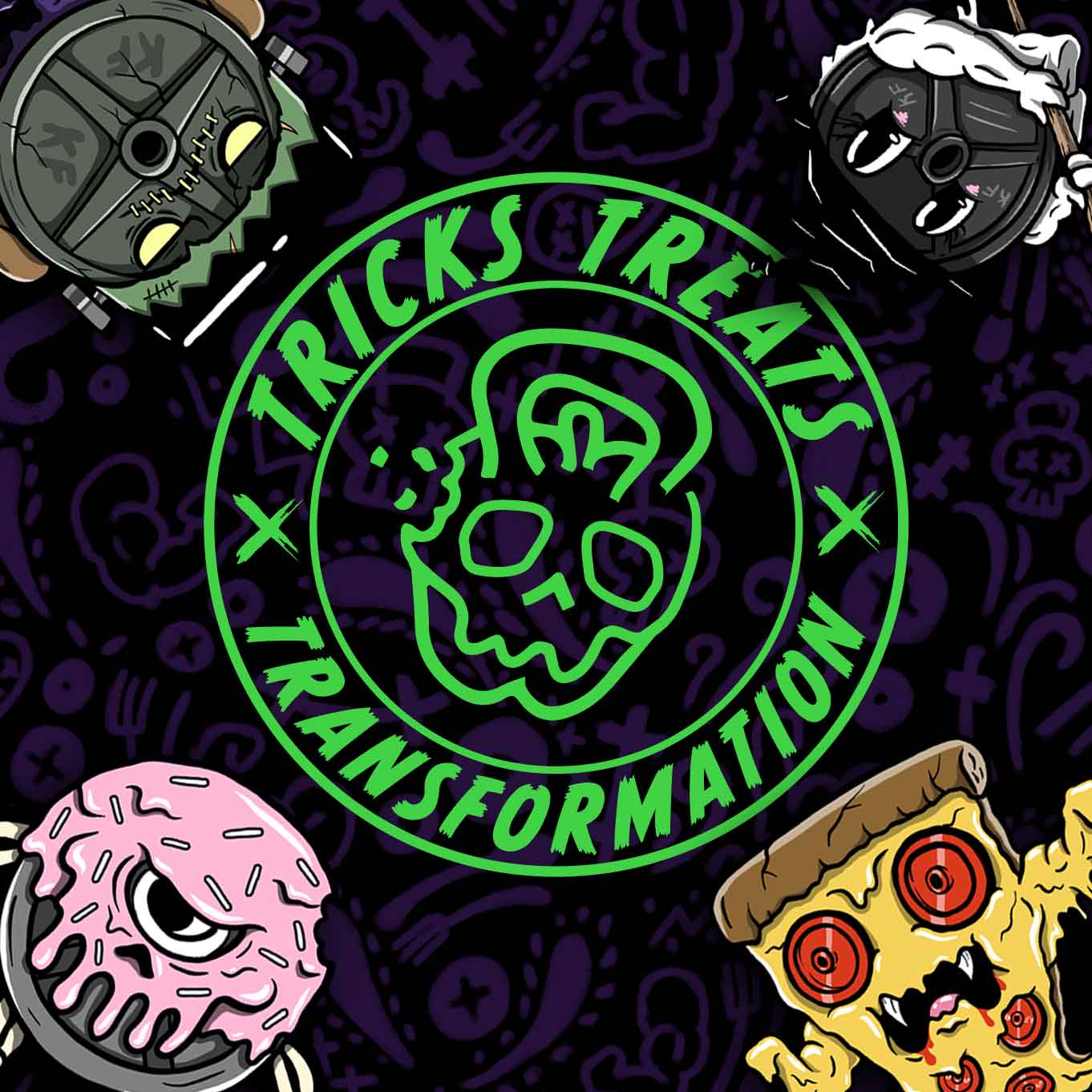 Skull Kettlebell with a bite along the top left side to emphasize the fusion of fit and food with the words tricks treats and transformation surrounding the design in a circle
