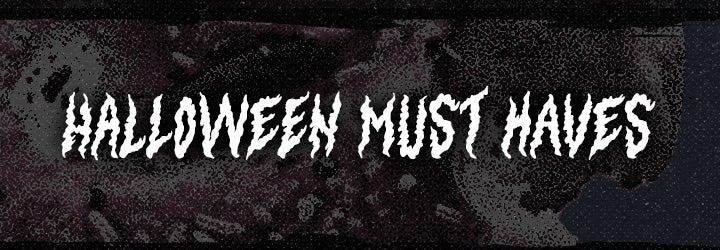 A Halloween-themed banner or graphic with the text 'HALLOWEEN MUST HAVES' in a white, jagged horror font over a dark, textured background.