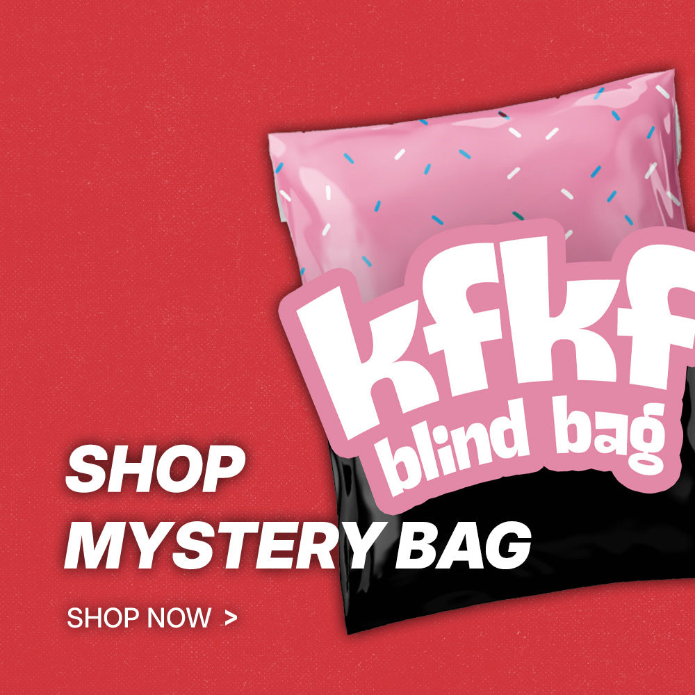 A promotional graphic for a 'kfkf blind bag' mystery bag, showing a pink and black sealed bag with a large 'kfkf blind bag' logo on a textured red background. Text on the left reads 'SHOP MYSTERY BAG' and 'SHOP NOW >'.