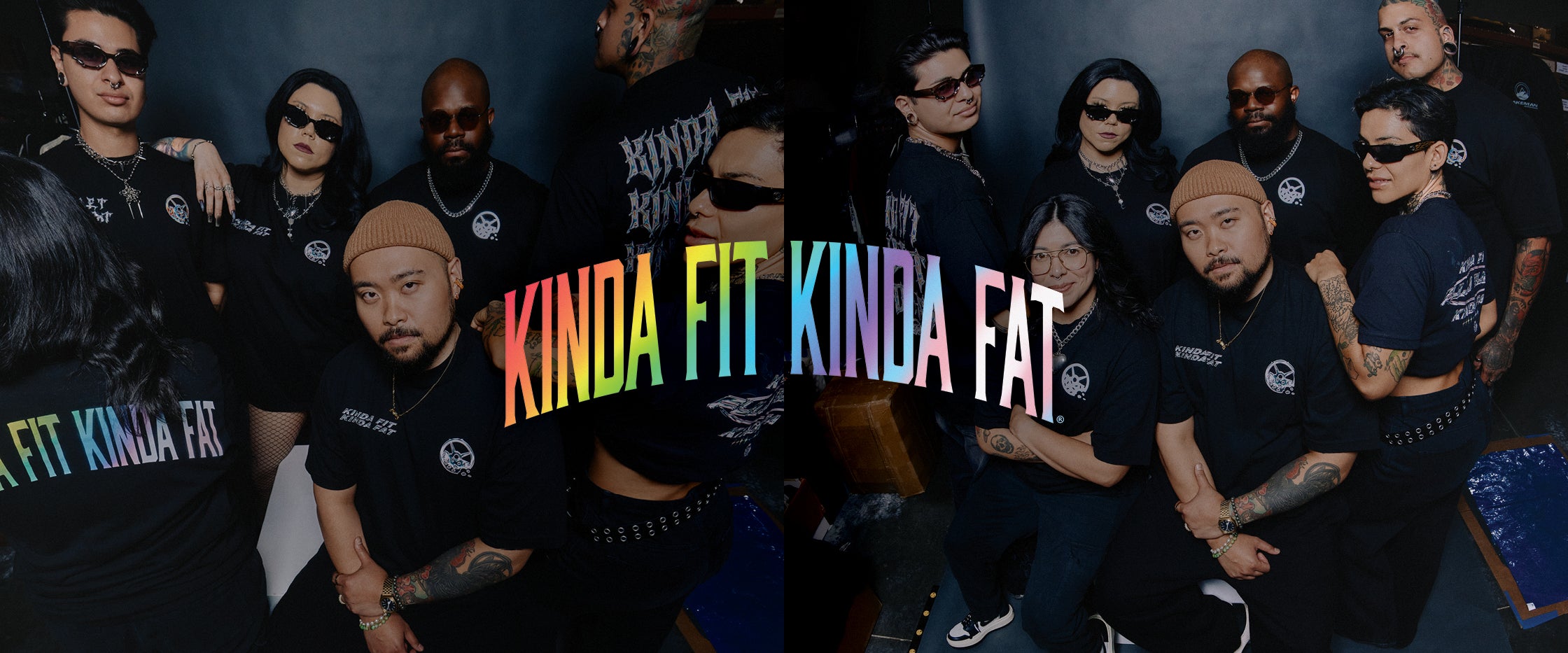 Kinda Fit Kinda Fat Hungry and Proud Pride Collection - Models wearing Fahrenheit, Kinda Gay, and Fully Queer