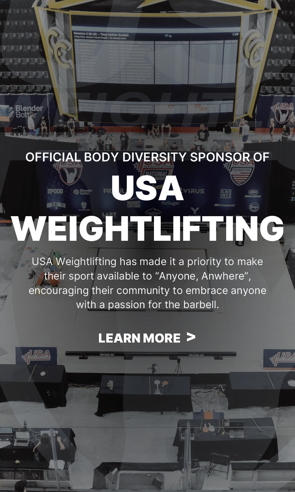 Kinda Fit Kinda Fat – Official Body Diversity Sponsor of USA Weightlifting, USA National Championships competition floor