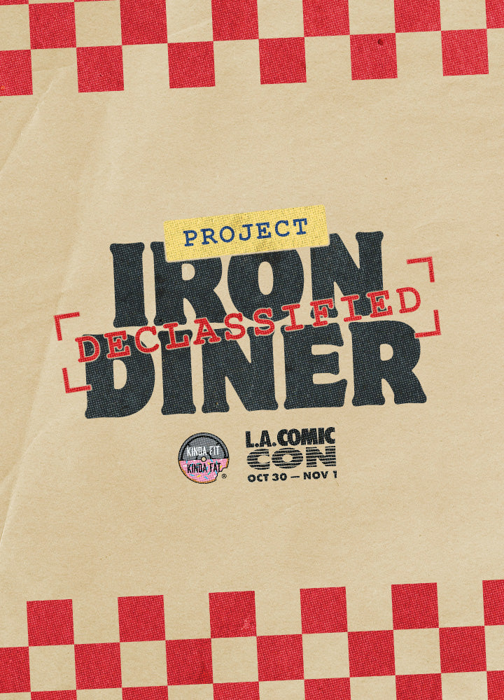 A promotional poster or graphic for 'Project Iron Declassified' featuring bold black and red text on a tan background with red-and-white checkered borders at the top and bottom. Visible text also includes 'L.