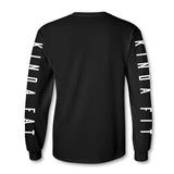 Kinda Fit Kinda Fat Premium Black Long Sleeve T-shirt. Back of shirt. Right sleeve print Kinda Fit and left sleeve print Kinda Fat in white letters. Unisex and true to size.