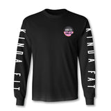 Kinda Fit Kinda Fat Premium Black Long Sleeve T-shirt. Original KFKF Donut and weight logo print on left chest. Logo colors are black and pink with white and black lettering. Right sleeve print Kinda Fit and left sleeve print Kinda Fat in white letters. Unisex and true to size.
