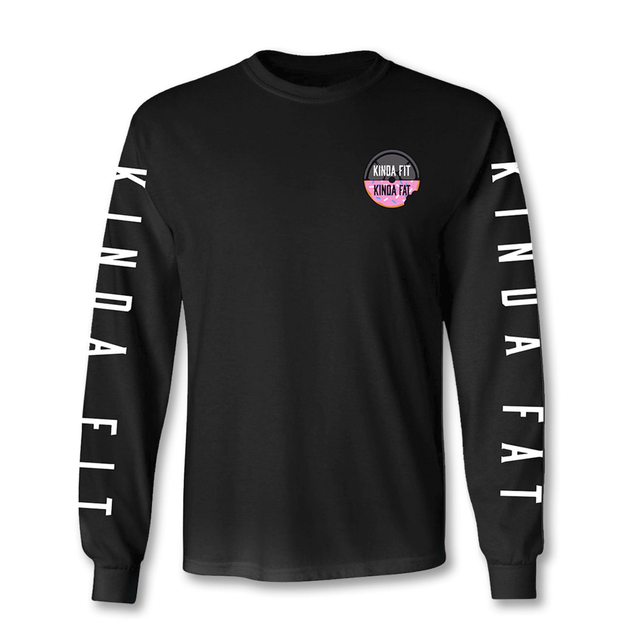 Kinda Fit Kinda Fat Premium Black Long Sleeve T-shirt. Original KFKF Donut and weight logo print on left chest. Logo colors are black and pink with white and black lettering. Right sleeve print Kinda Fit and left sleeve print Kinda Fat in white letters. Unisex and true to size.
