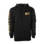 Kinda Fit Kinda Fat Unisex Black Sweater Pullover Hoodie. Reads "Kinda Fit Kinda Fat Apparel” on front left chest. Right Sleeve Reads “Kinda Fit Kinda Fat.” Yellow lettering with dripping effect. 1x1 ribbing at cuffs and waistband. Front pouch pocket. 