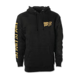 Kinda Fit Kinda Fat Unisex Black Sweater Pullover Hoodie. Reads "Kinda Fit Kinda Fat Apparel” on front left chest. Right Sleeve Reads “Kinda Fit Kinda Fat.” Yellow lettering with dripping effect. 1x1 ribbing at cuffs and waistband. Front pouch pocket. 