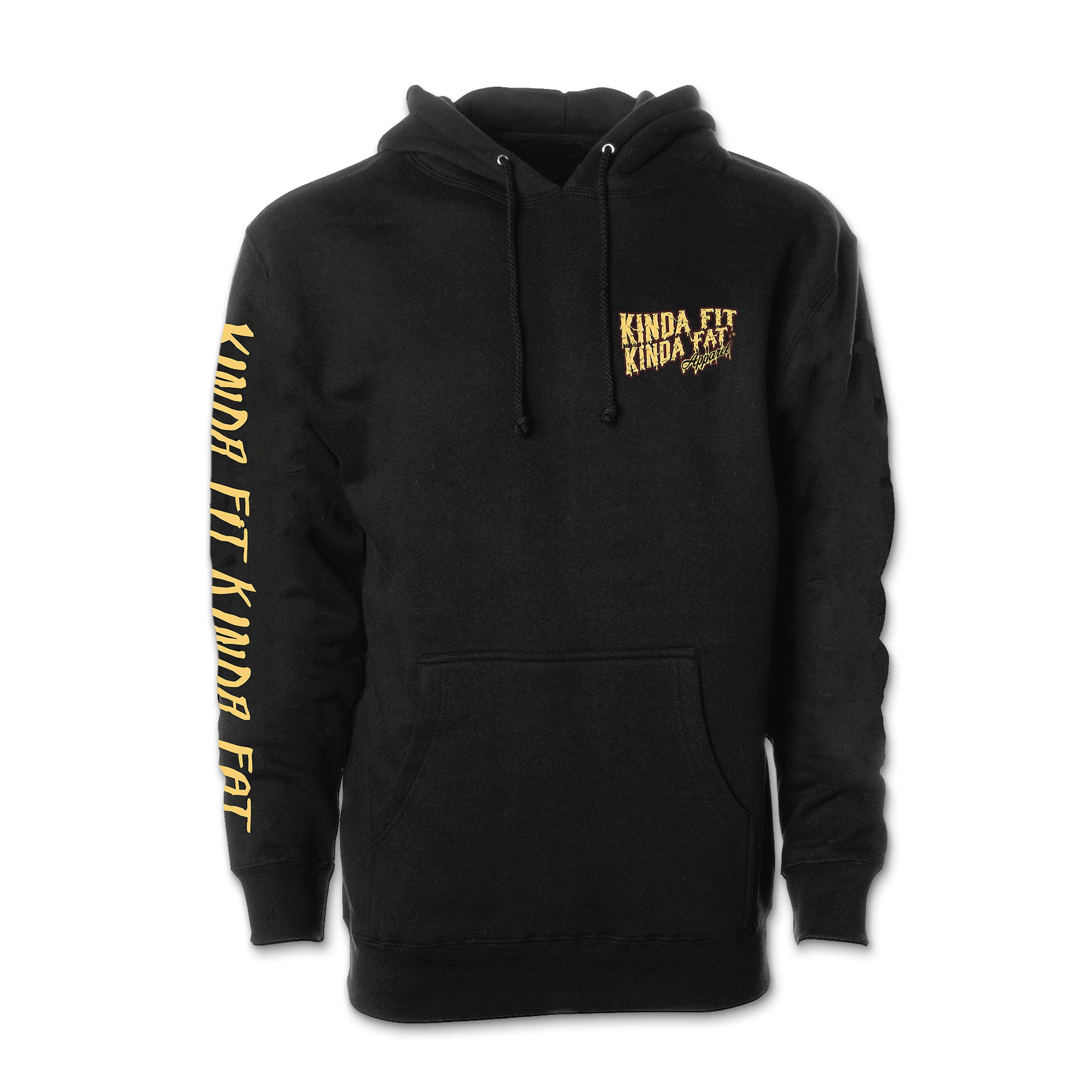 Kinda Fit Kinda Fat Unisex Black Sweater Pullover Hoodie. Reads "Kinda Fit Kinda Fat Apparel” on front left chest. Right Sleeve Reads “Kinda Fit Kinda Fat.” Yellow lettering with dripping effect. 1x1 ribbing at cuffs and waistband. Front pouch pocket. 