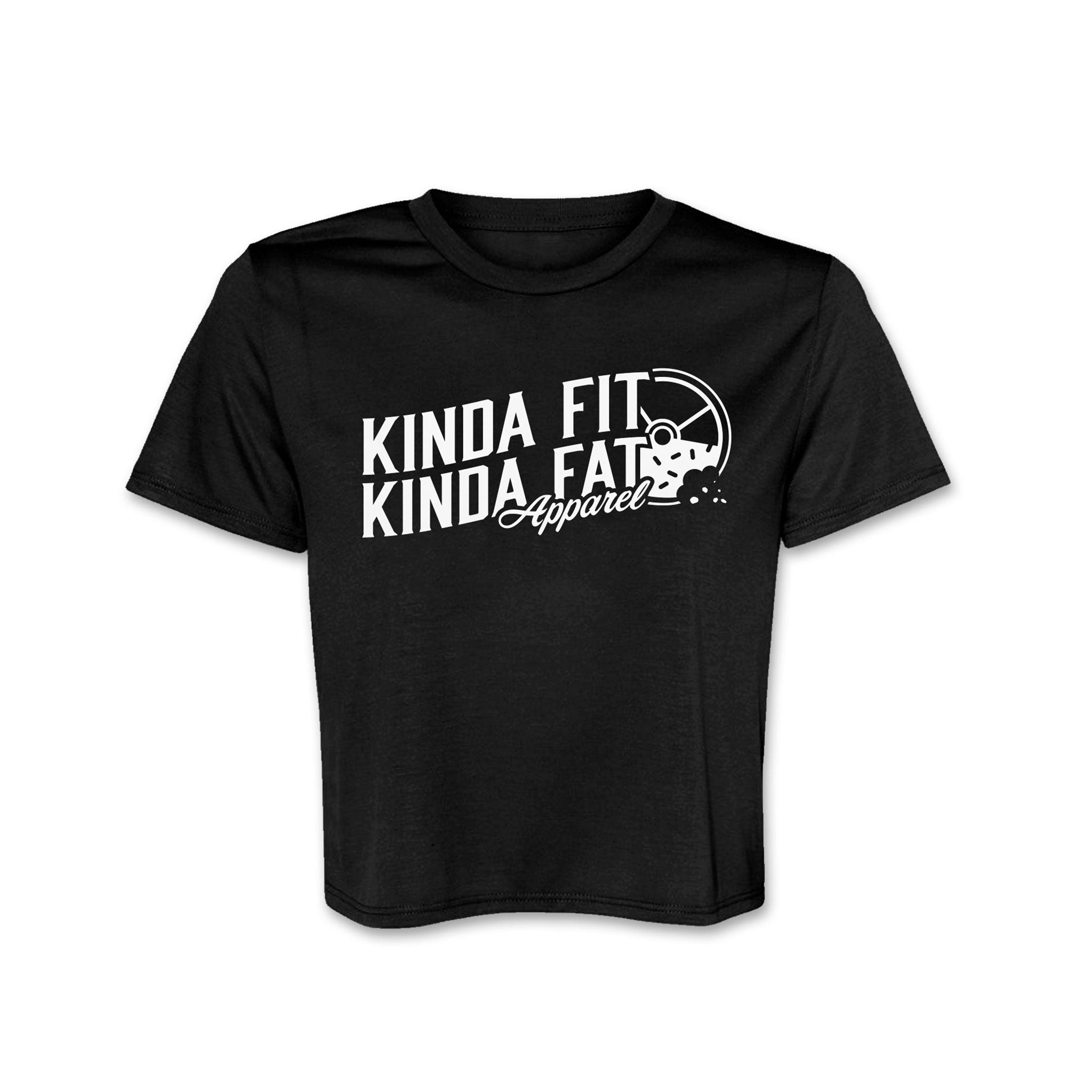 Premium black crop top with Kinda Fit Kinda Fat Apparel on front chest, flowy fit. White lettering with half donut half weight . Modest crop and short sleeve top.