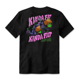 Back Mock-up of Kinda Fit Kinda Fat Poison Caramelt Apple Unisex T-shirt. Center logo. Skeleton holding caramel apple dumbell and ammonia bottle. Kinda Fit type on top and Kinda Fat type on the bottom. KFKF slogan "Making Gainz Both Ways" on the bottom.