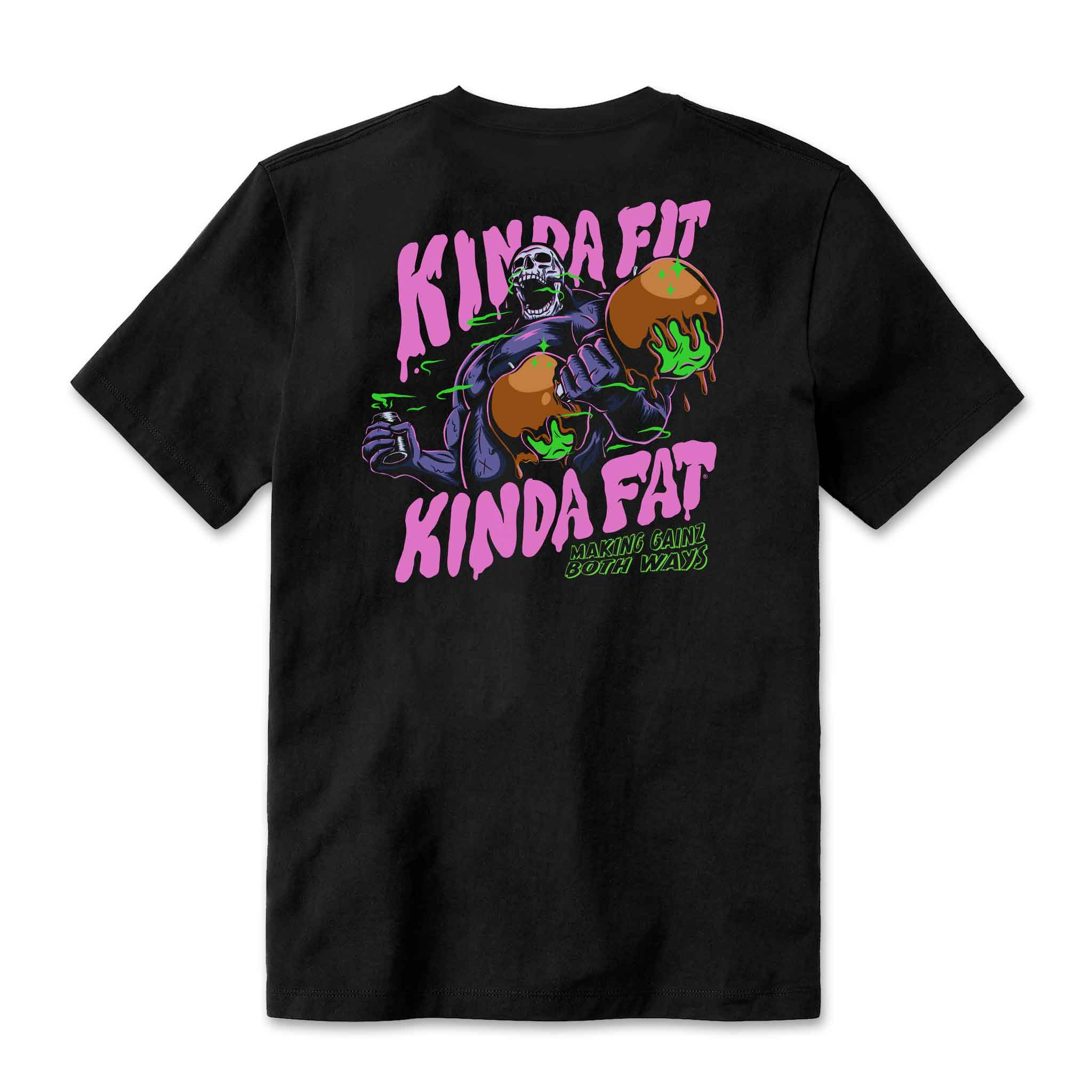 Back Mock-up of Kinda Fit Kinda Fat Poison Caramelt Apple Unisex T-shirt. Center logo. Skeleton holding caramel apple dumbell and ammonia bottle. Kinda Fit type on top and Kinda Fat type on the bottom. KFKF slogan "Making Gainz Both Ways" on the bottom.