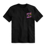 Front mock-up of Kinda Fit Kinda Fat Poison Caramelt Apple Unisex T-shirt. Left chest logo. Skeleton holding caramel apple dumbell and ammonia bottle. Kinda Fit type on top and Kinda Fat type on the bottom. KFKF slogan "Making Gainz Both Ways" on the bottom.
