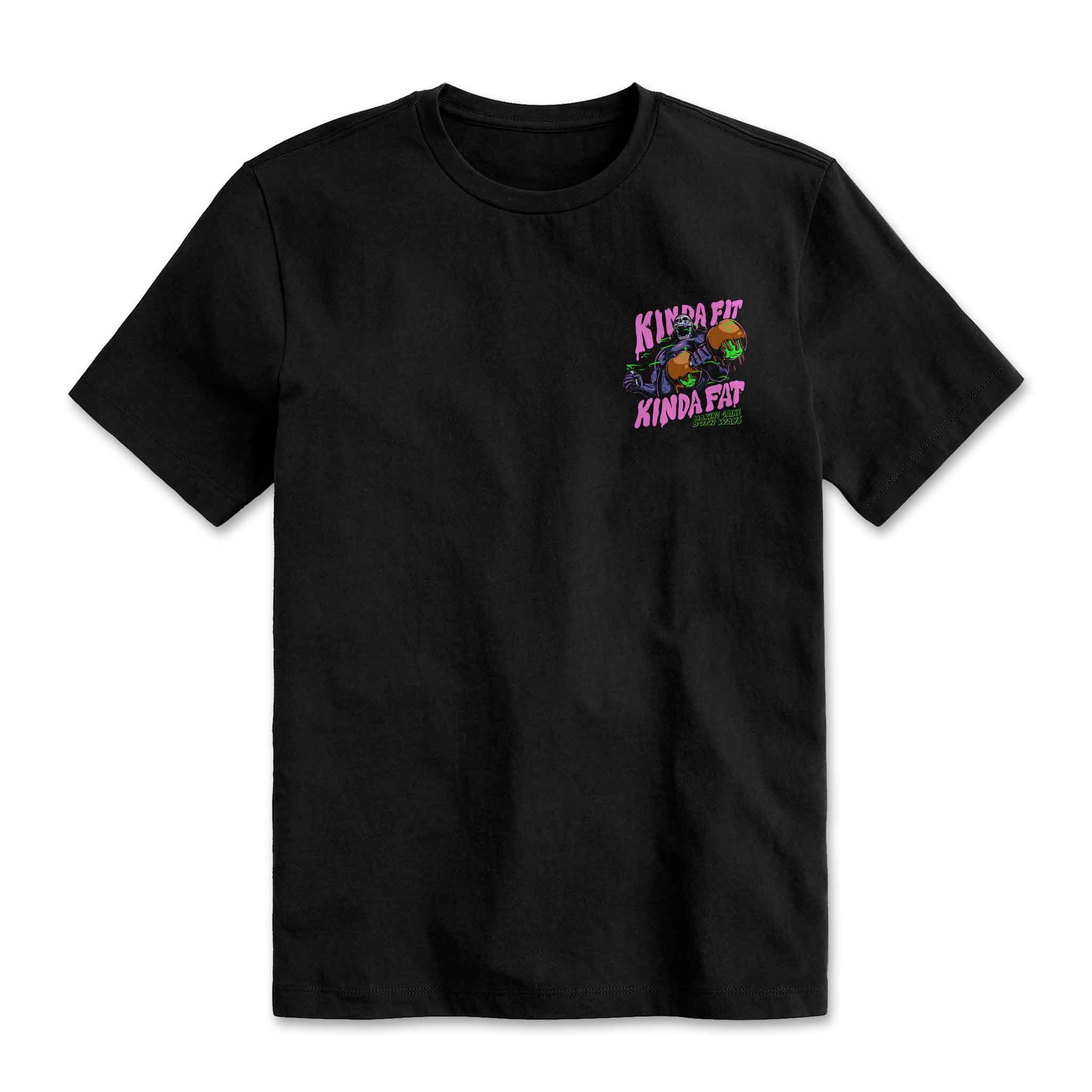 Front mock-up of Kinda Fit Kinda Fat Poison Caramelt Apple Unisex T-shirt. Left chest logo. Skeleton holding caramel apple dumbell and ammonia bottle. Kinda Fit type on top and Kinda Fat type on the bottom. KFKF slogan "Making Gainz Both Ways" on the bottom.