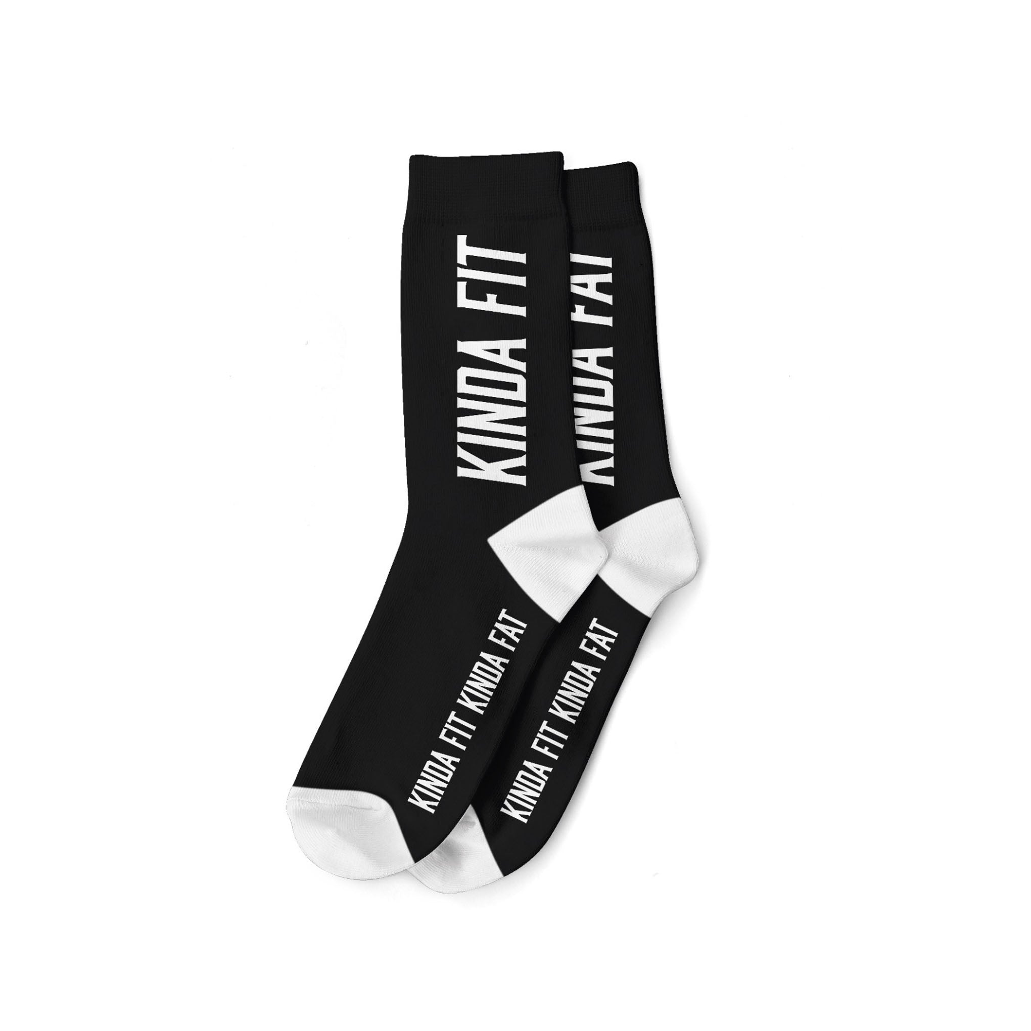 Kinda Fit Kinda Fat Premium Crew Socks. Left sock reads "Kinda Fit" on both sides. Right sock reads "Kinda Fat" on both sides. Sock reads "Kinda Fit Kinda Fat" on the bottom.