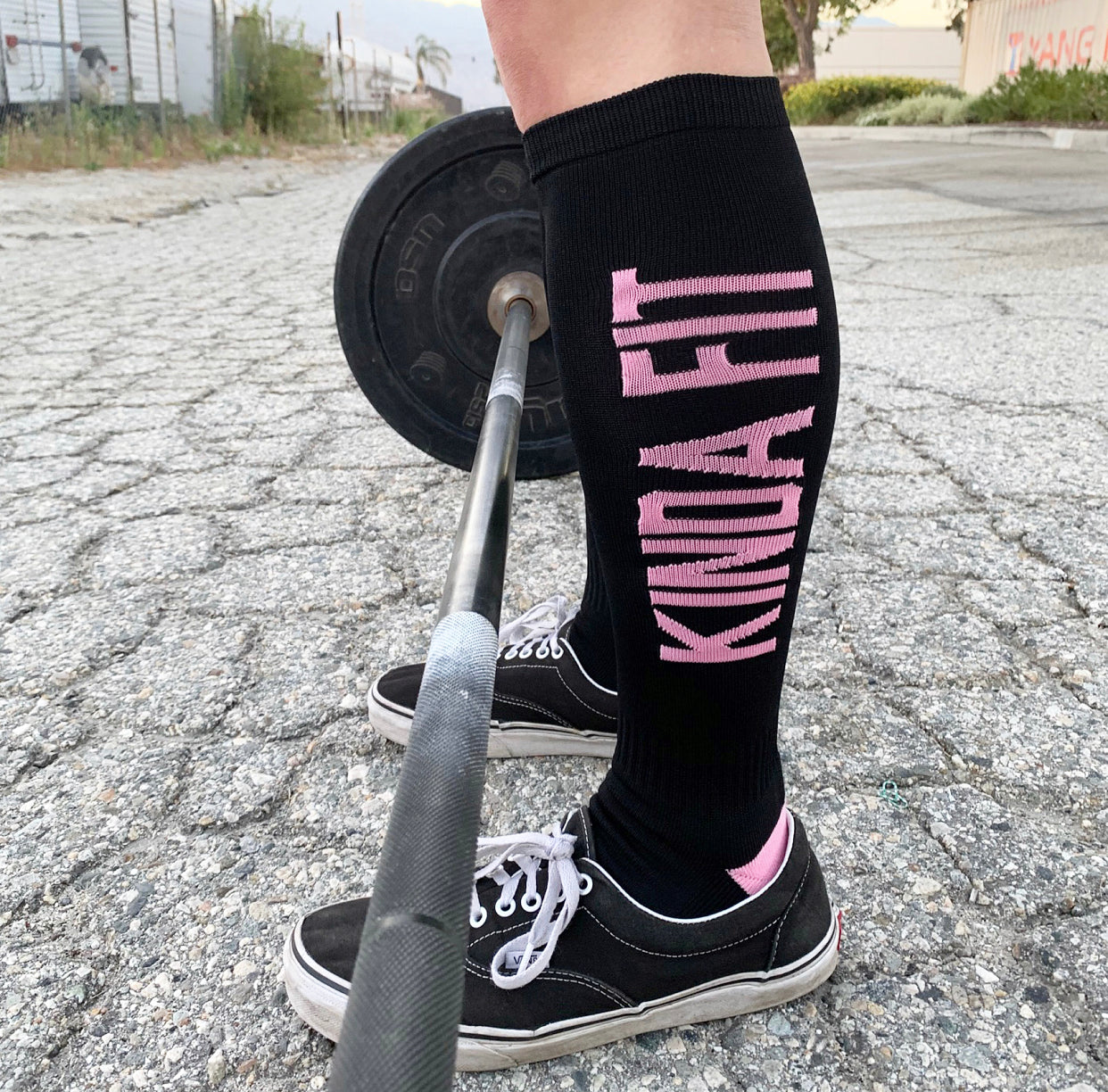 Kinda Fit Kinda Fat Premium Deadlift Socks Left sock reads "Kinda Fit" Right sock reads "Kinda Fat"