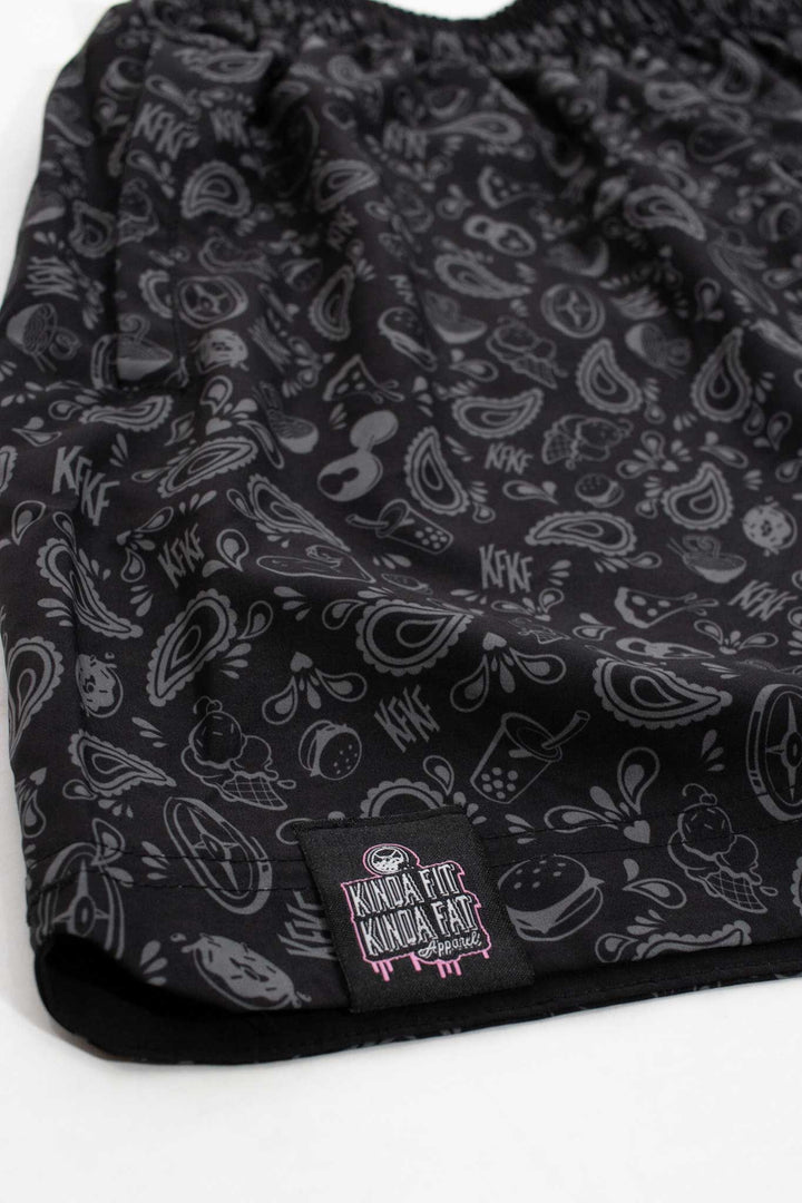 Custom KFKF paisley print with food and fitness elements integrated into pattern