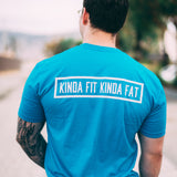 Kinda Fit Kinda Fat Premium Unisex Turquoise T-shirt. Original KFKF Cookie Logo on front left chest. Kinda Fit Kinda Fat Bar Logo Back. 
