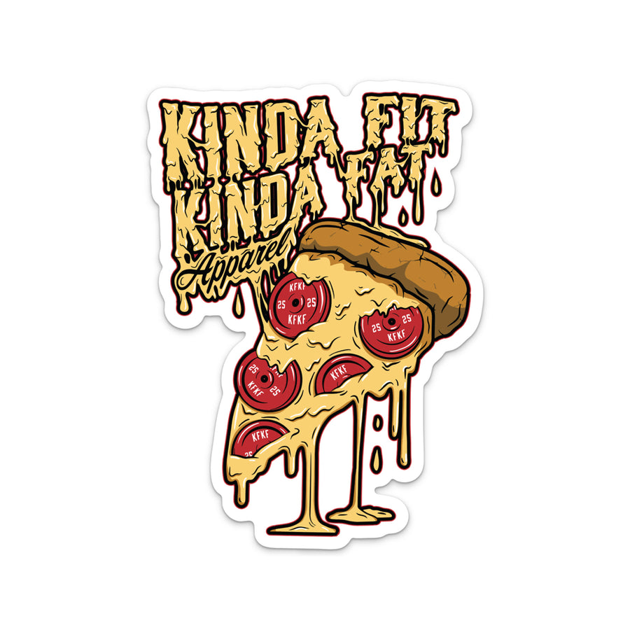 Plateroni Sticker. Reads "Kinda Fit Kinda Fat Apparel” Yellow lettering with dripping effect. Pizza drawing with plates as "pepperoni.” 