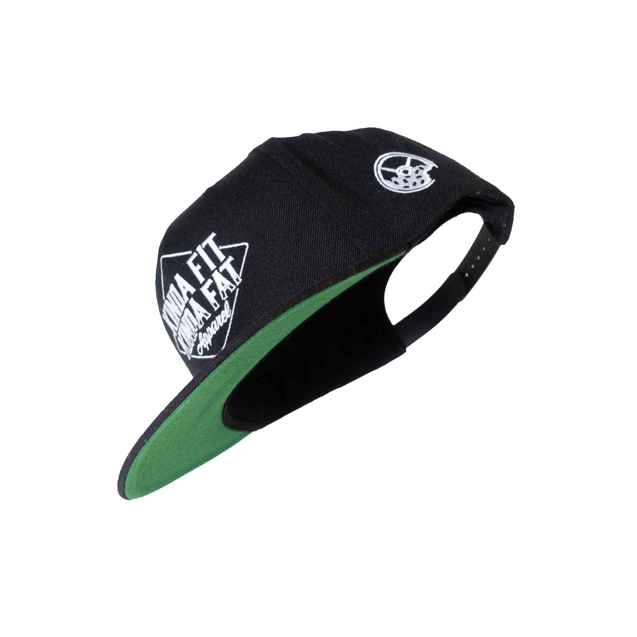 Kinda Fit Kinda Fat Diamond Drip Logo Unisex Black Snapback Hat. Green under visor. Bottom shot.